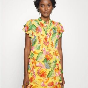 Farm Rio Yellow Tiered Beaks and Bananas Mini Dress NWOT